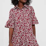 NWT‎ Hyacinth House Tuckernuck Maroon Vines Vera Shirt Dress Large Ruffle Hem Red Photo 0