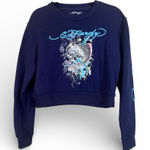 Ed Hardy  Blue Cropped Graphic Sweatshirt Womens L Fish Skater Casual Cozycore Photo 0