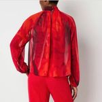 Worthington  Long Sleeve Red Sheer Mandarin Collar Top Blouse Petite PXL NWT Photo 1