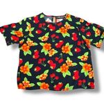 Vintage 90s Petite Top Fruit Floral Print Black Round Neck Short Sleeve Medium Size undefined Photo 0