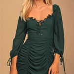 Lulus NWT  It Happened in Dublin Forest Green Ruched‎ Lace-up mini dress Sz XS Photo 0