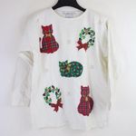 Vintage 90s Victoria Jones Beaded Appliqué Cat Christmas 3/4 Sleeve Shirt Top White Photo 0