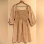 BIBI | Taupe Striped Smocked Puff Sleeve Dress White Size XL Photo 3