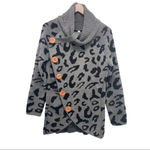 Grecerele Sweater Gray Cheetah Cowl Neck Asymmetric Button Tulip Hem Size M NEW Black Size M Photo 1
