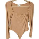 Acoa Size Large Tan Nude Long Sleeve Square Neck Ribbed Snap Bodysuit Photo 0