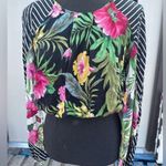 Farm Rio  WOMENS PERITE OPEN BACK Floral Black Top with Striped Sleeves Photo 0