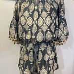 Raga  Anthropologie Gray Pom Pom Sleeve Printed Romper S Photo 0