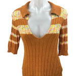 Free People  Now and Then Brown Multicolor Striped Short Sleeve Knit Sweater Sz M Photo 0
