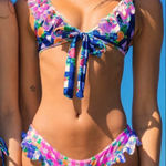 Fillyboo Folk Gingham ruffle bikini top with tie front Blue Size XL Photo 0