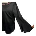 ECI  New York Black Soft Satin Rhinestone Bell-Sleeve Blouse Size L Stretch Zip Photo 3