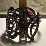 Gunmetal Tone & Rhinestone Flower Hinged Cuff Bangle Bracelet 6 3/4 Inch Photo 1