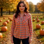 Joie  Oversized Button Down Plaid Orange Long Sleeve Shirt Sz XS Photo 1