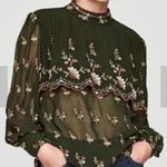 ZARA NWOT  Prairie Cottagecore
Green Floral Embroidered Sheer
Blouse L Photo 1