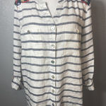 John Mark Tunic Top Striped Linen Floral Embroidered Button Split V Neck L Photo 0