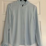 Talbots Blue Long Sleeve Ruffled Blouse with Mandarin Collar and Pearl Accents Photo 13