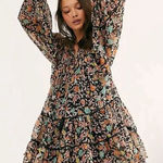 Free People  swinging boho mini black floral long sleeve sheer dress Large Photo 0