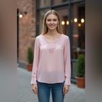 White House | Black Market NEW WHBM Lace Trim Split Sleeve Blouse Goddess Pink Women’s 0 Barbie Softcore Photo 2