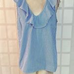 J.Crew blue and white striped sleeveless ruffle neckline blouse size 10 Photo 1