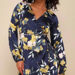 Lulus LULU’S Floral Navy Blue Stain Wrap Dress Adjustable Waist Sz Small, Love is Life Photo 0