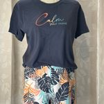 Ambrielle Sleepwear Set Small Navy Tee Tropical Print Ruffle Shorts Lounge Blue Photo 5