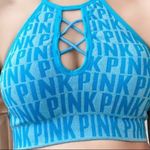 PINK - Victoria's Secret PINK Graphic Padded Crop Top Cross Front Bra Custom Made in Blue Yoga Sports Bra Photo 4
