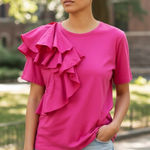 Mark James Badgley Mischka Pink Ruffle One Shoulder Tee Shirt Top L G Size L Photo 0