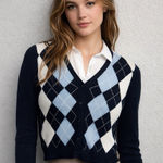 Brandy Melville  Womens OS Argyle Cardigan Navy Blue 100% Cotton Preppy Ivy Style Photo 0