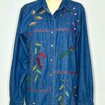 90’s Embroidered Denim Button Down Shirt with Holiday Berries, Leaves, sz Medium Blue Photo 0