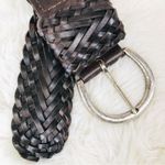 VINTAGE Wide Brown Braided Leather Belt Woven Silver Buckle 90s Y2K Size Large Brown Photo 5
