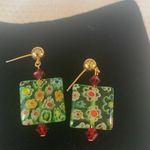 Glass Floral Green and Red Earrings on Gold Tone Posts Photo 1