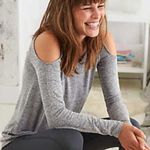 Aerie  Light Gray Heather Cold Shoulder Open Back "Backless" 3/4 Sleeve Top Photo 7