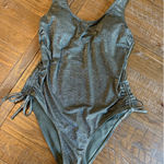 Xhilaration  One Piece Swimsuit Metallic Ruched Sides Drawstring XL High Hip Swim Photo 0