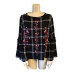 Loft  Cold shoulder Top womens XS black white plaid & red embroidered flowers​​ Photo 5