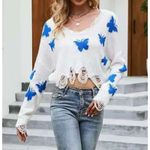 Just Polly Women's Size Large‎ Cream Butterfly Fringe Distressed Cropped Sweater Blue Photo 1