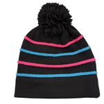 Vintage 80s Black Wool Ski Hat Neon Pink Blue Stripes Pom Pom Photo 2