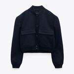 ZARA Casual Bomber Jacket Coat Navy Blue Cropped Blogger Photo 2