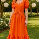 Endless Rose  Orange Puff Sleeve Belted Tiered Midi Dress Size S‎ Photo 0