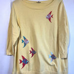 Talbots Women Yellow Embroidered Angel Fish Sweater 1X 3/4 Sleeve 100% Cotton Photo 0