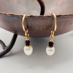 Handmade Gold Wire Garnet & Freshwater Pearl Drop Earrings Photo 1