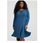 Torrid NWT  Blue Waffle‎ Long Sleeve Lace Up Neck Fit Flare Dress Size 1X Pockets Photo 1