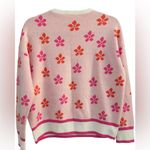 THML Women’s White Orange Pink Retro Flower Jacquard Crew Neck Sweater Small Photo 1