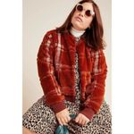 Anthropologie  Plaid Teddy Bomber Jacket Rich Rust Cozy Soft Cabin Holiday 1X Photo 2