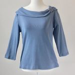 Rafaella  100% Cotton Blue Brooch Old Money Cowl 3/4 Sleeve Top Small Petite Photo 0