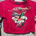 Ed Hardy WOMENS  MESH TRUE EAGLE TATTOO LONG-SLEEVE RED CROP TOP Photo 2