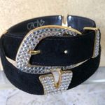 Cache  Black Suede Leather Gold METAL Hardware Rhinestones 1 1/4" Wide Belt Photo 2