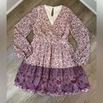 Japna  Pink Purple Floral Faux Wrap Surplice Long Sleeve Short Dress ~ Size M Photo 8