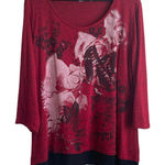 Cato Women Top XL Red Long Sleeve Gem Detail Multi Media Art To Wear Romantic Photo 0