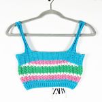 NEW Zara Cotton Blend Blue Green Pink Stripe Crochet Sweater Knit Crop Tank Top Photo 0