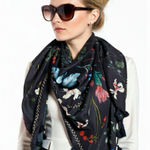 Treasure & Bond  Silk Scarf Floral Print Tassel Navy Wrap Lightweight Elegant Photo 0