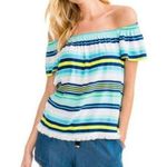 Southern Tide  Beatrix Stripe Off the Shoulder Top in Offshore Green Photo 0